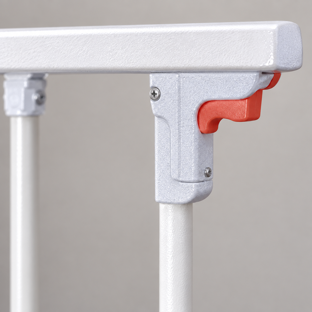 Close-up detail of the stainless steel guard rail tubing and hardware