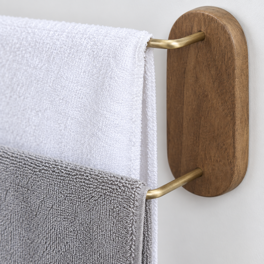 Close-up detail of the brass towel bar surface and mounting