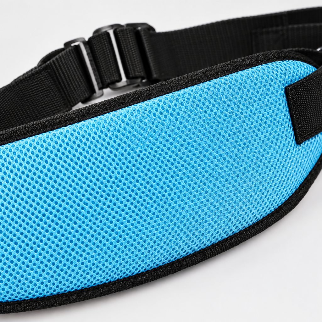 Close-up detail of the breathable mesh restraint strap weave and buckle