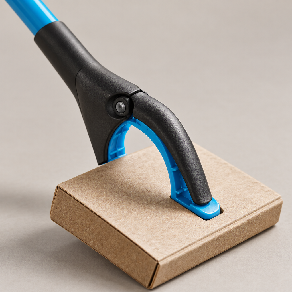 Close-up detail of the reacher grabber jaw and grip