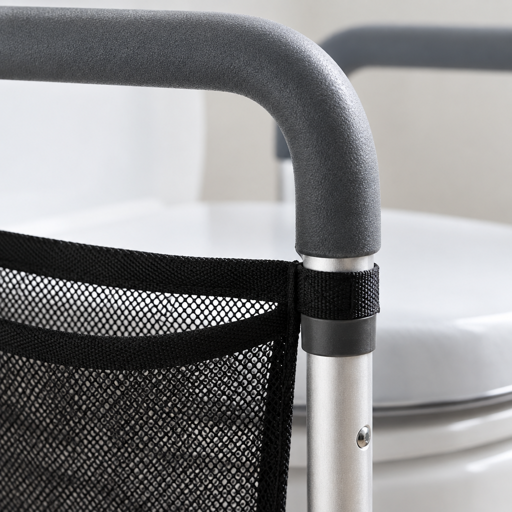 Close-up detail of padded raised toilet seat cushion and frame