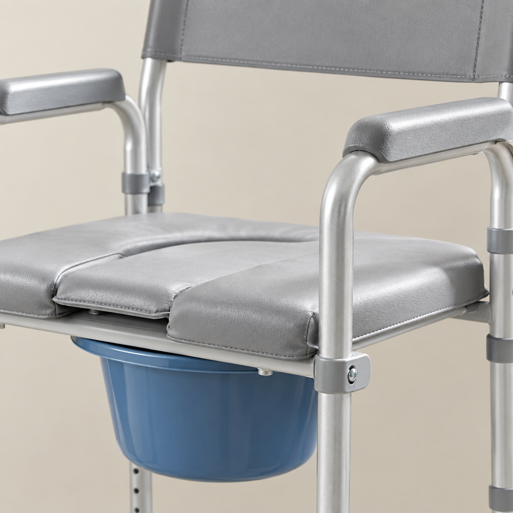 Close-up detail of bedside commode chair frame and armrest