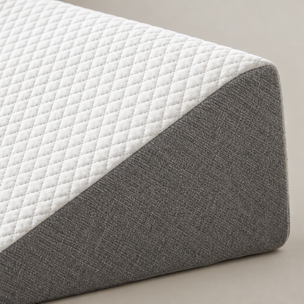 Close-up detail of foam wedge pillow cover fabric and foam edge