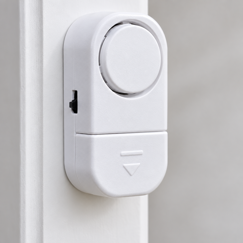 Close-up detail of wireless door and window alarm sensor housing