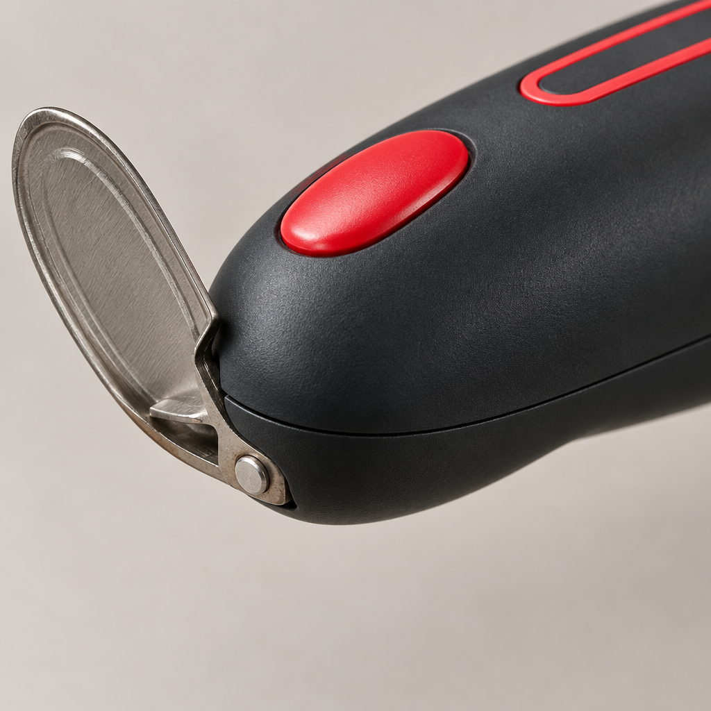Close-up detail of electric can opener cutting head and casing
