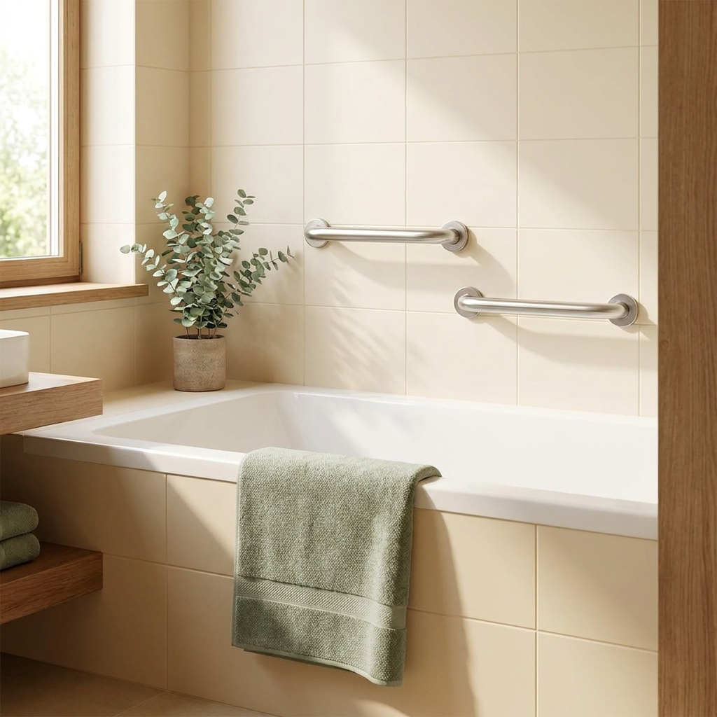 Two stainless steel grab bars mounted on a cream tiled bathroom wall beside a bathtub