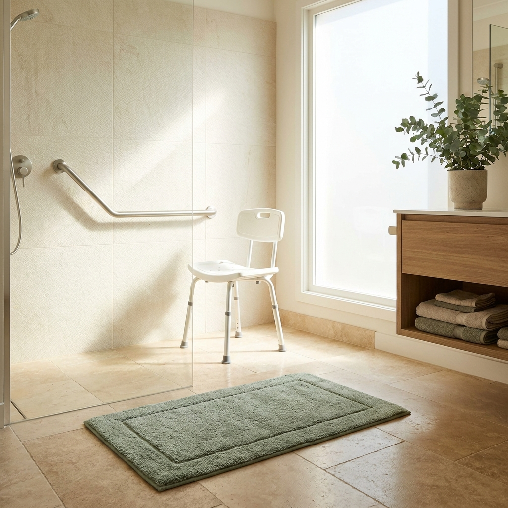 Bright accessible bathroom with shower chair and wall grab bar