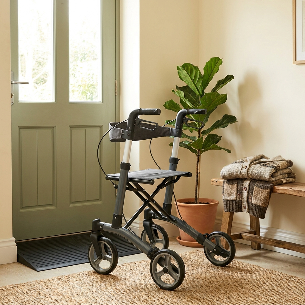 Rollator walker in a warm home entryway with threshold ramp