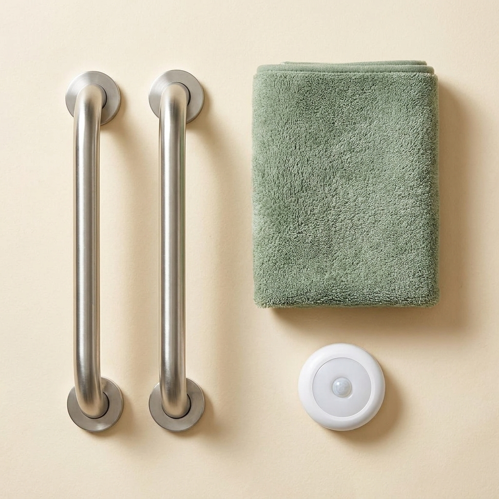 Bathroom Safety Starter Kit: two stainless steel grab bars, sage green bath mat, and motion-sensor night light