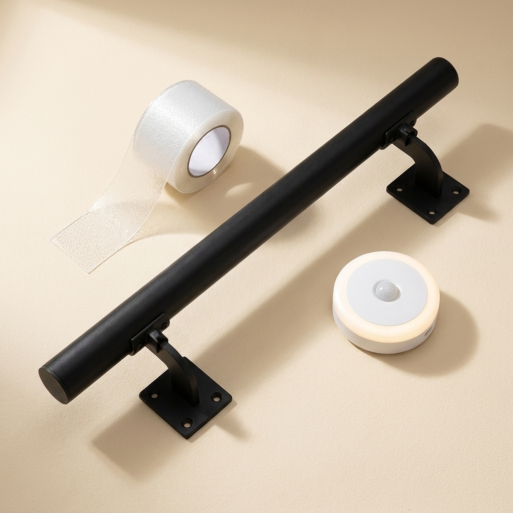 Weekend Fall-Prevention Kit: black aluminum handrail, clear grip tape roll, and motion-sensor night light
