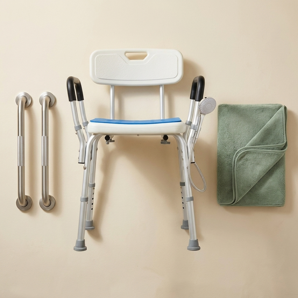 Complete Shower Kit: shower chair with backrest, two stainless grab bars, sage green bath mat