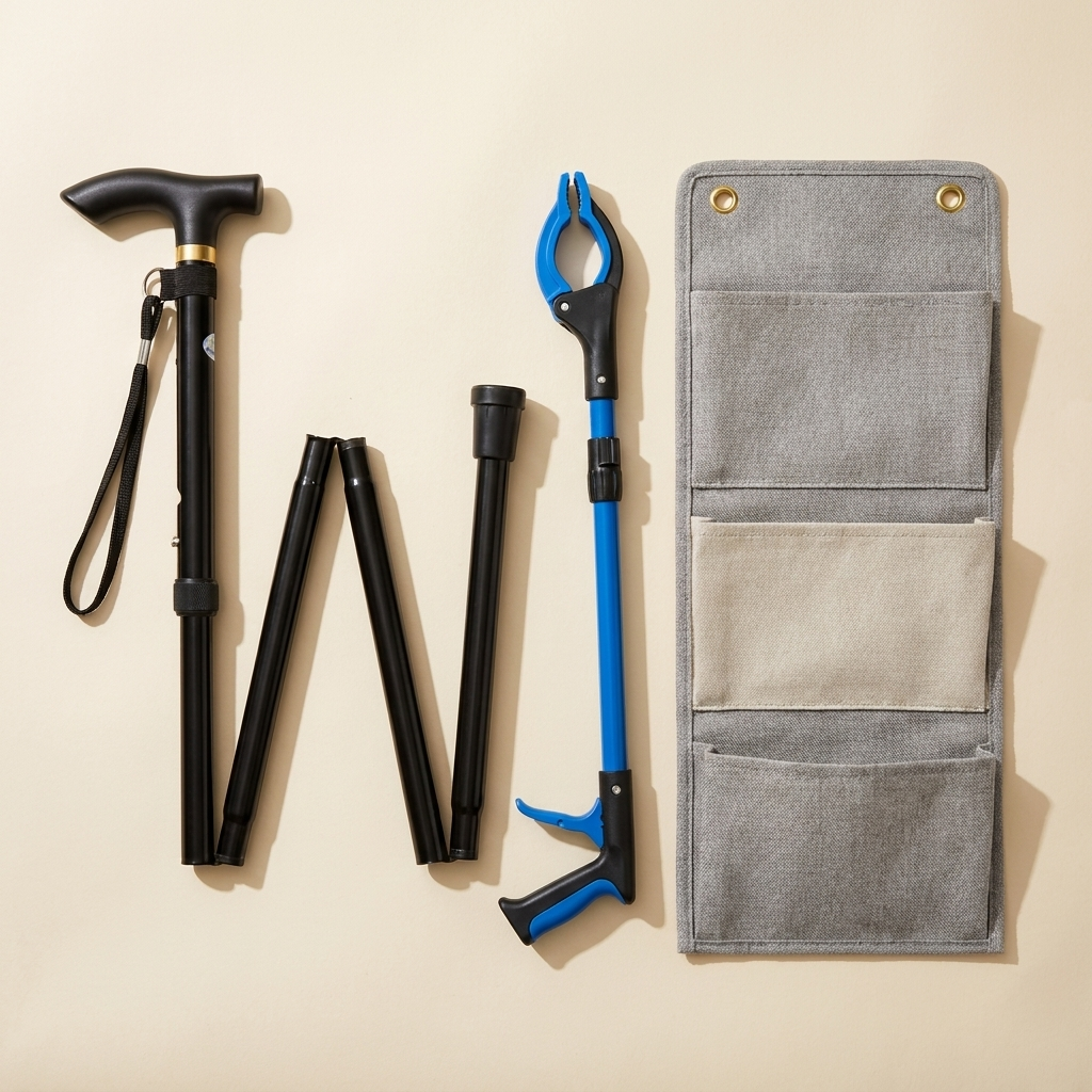 Recovery Essentials Kit: folding cane, reacher grabber, bedside organizer