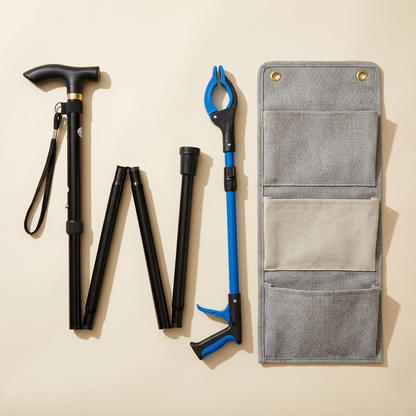 Recovery Essentials Kit: folding cane, reacher grabber, bedside organizer