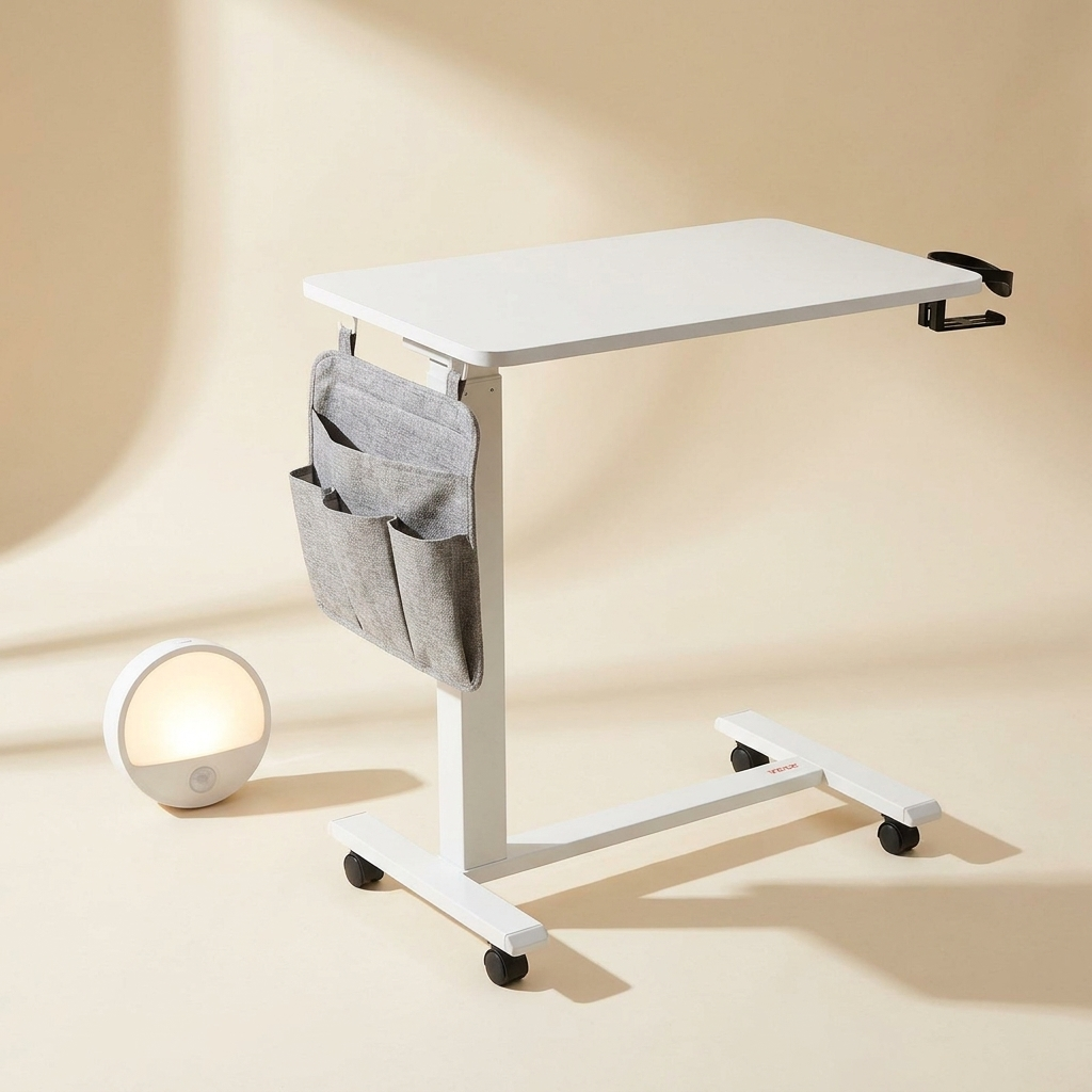Bedside Comfort Kit: adjustable overbed table, motion night light, bedside organizer