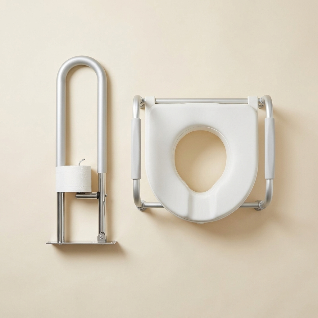Toilet Independence Kit: raised toilet seat with padded frame and flip-up grab bar