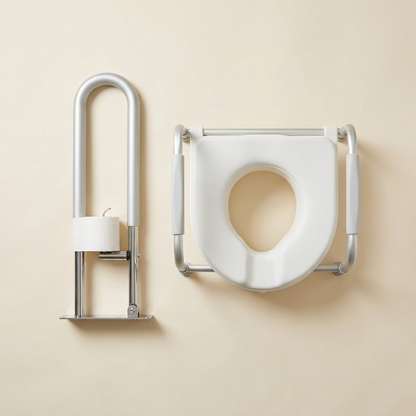 Toilet Independence Kit: raised toilet seat with padded frame and flip-up grab bar