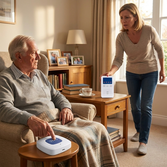 Bed alarm sensor pad with caregiver pager in a bedroom