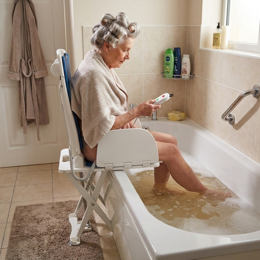 Electric floor lift assisting a senior at home