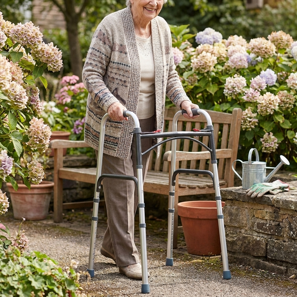 Folding aluminum walker in use at home