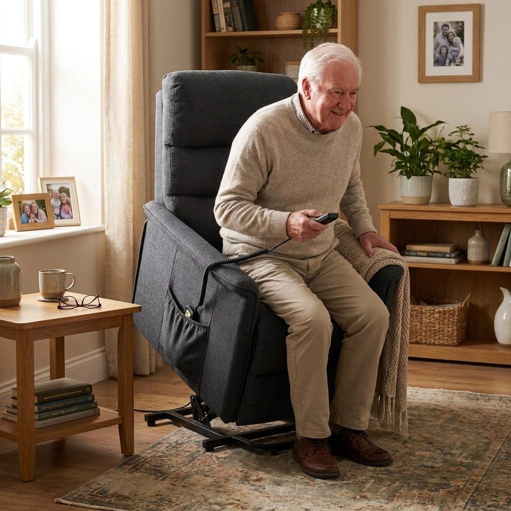 Power lift recliner chair in a cozy living room