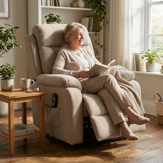 Brown velvet power lift recliner in a small living space