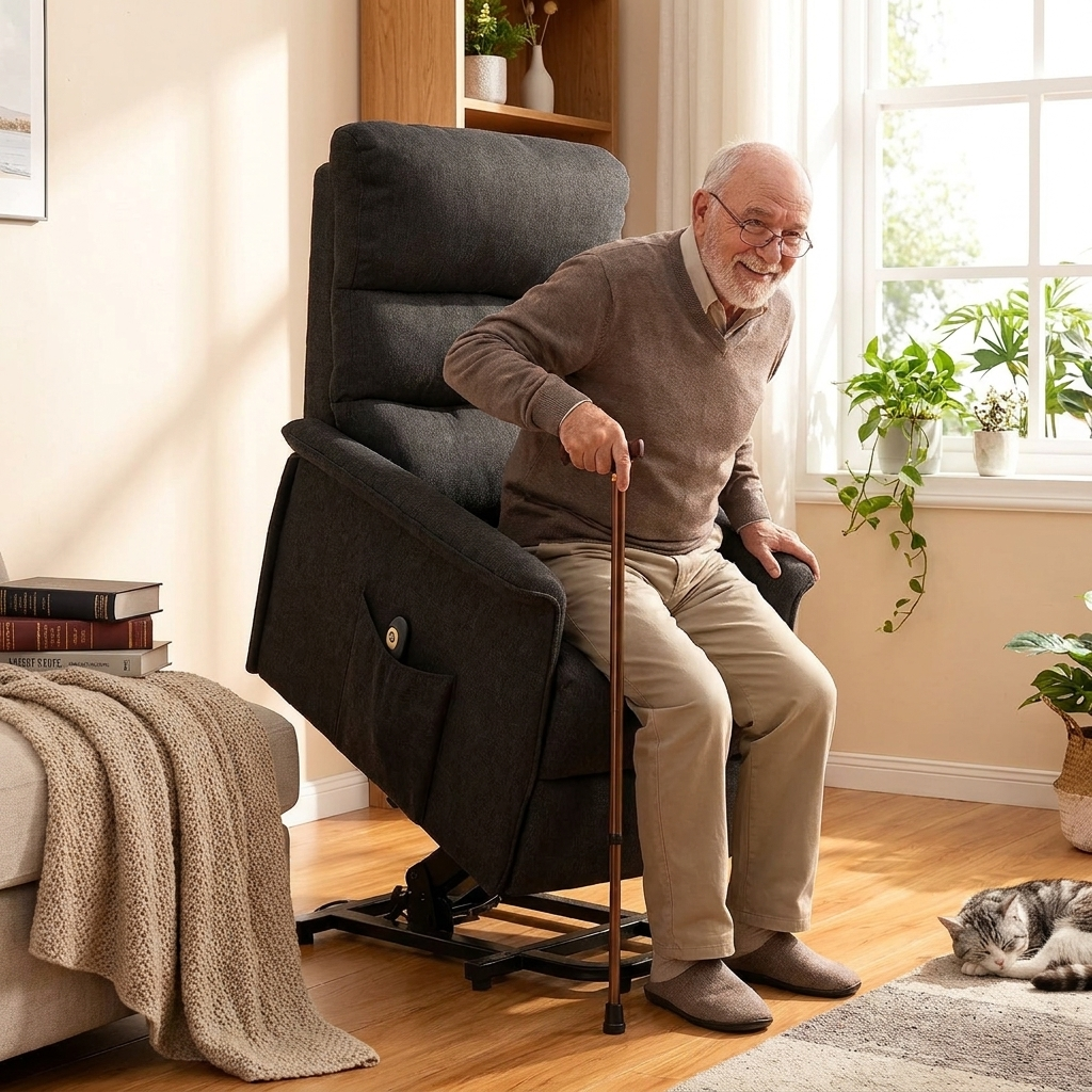 Electric lift recliner chair with remote in a living room