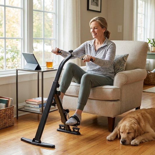 Seated pedal exerciser in use in front of an armchair