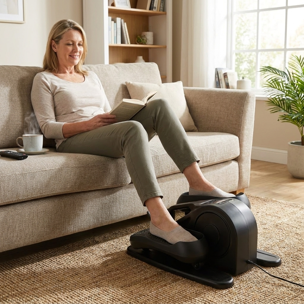 Mini foot pedal exerciser with LCD display in use