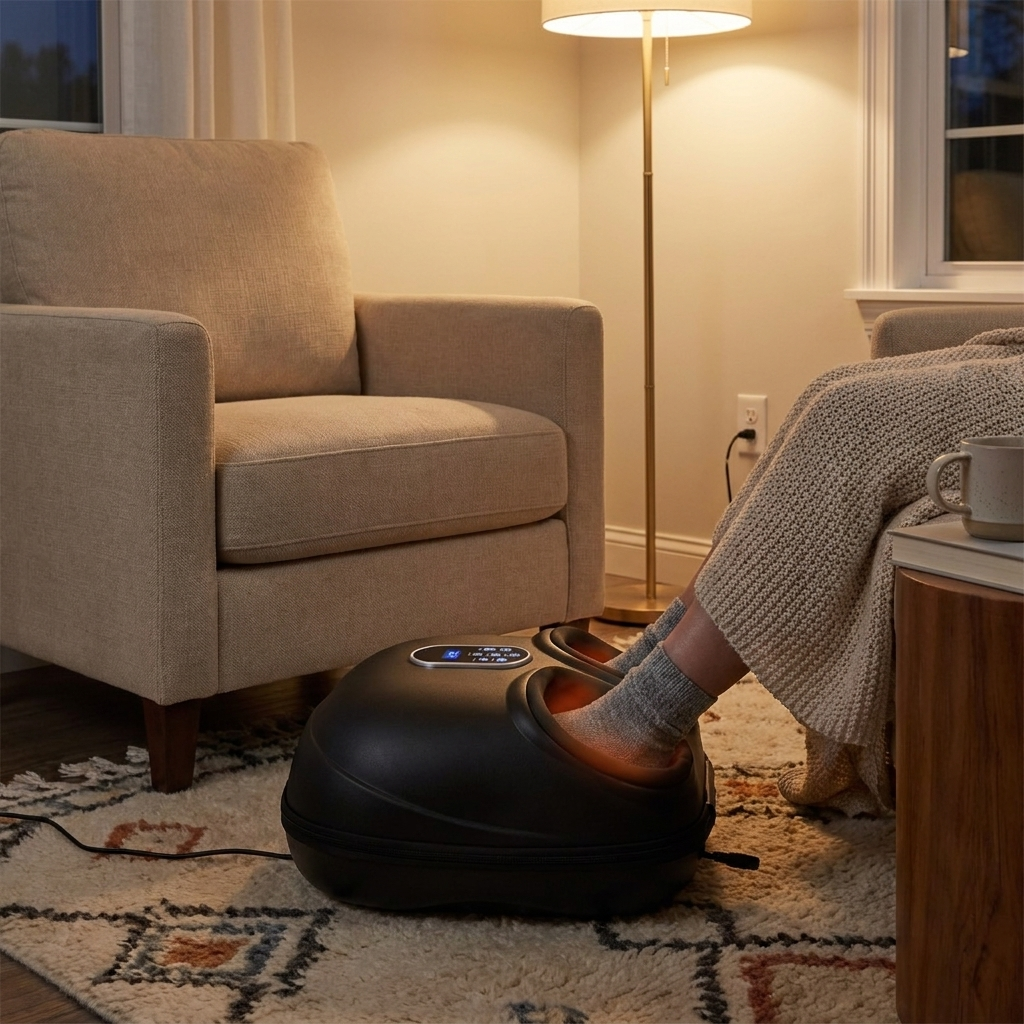 Heated foot massager in use beside a recliner