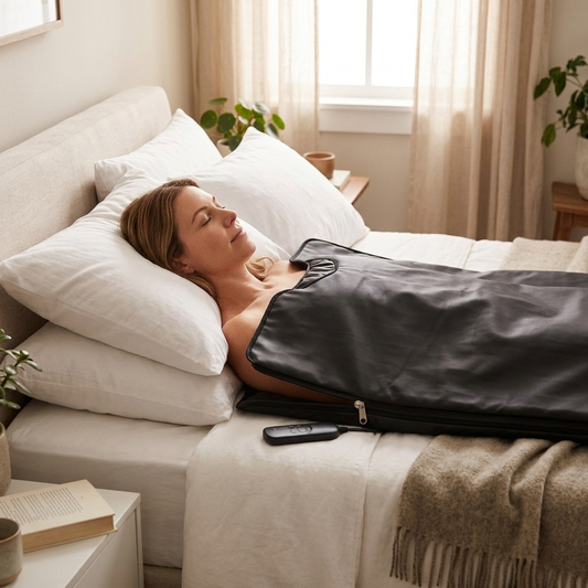 Person relaxing in the far-infrared sauna blanket on a bed
