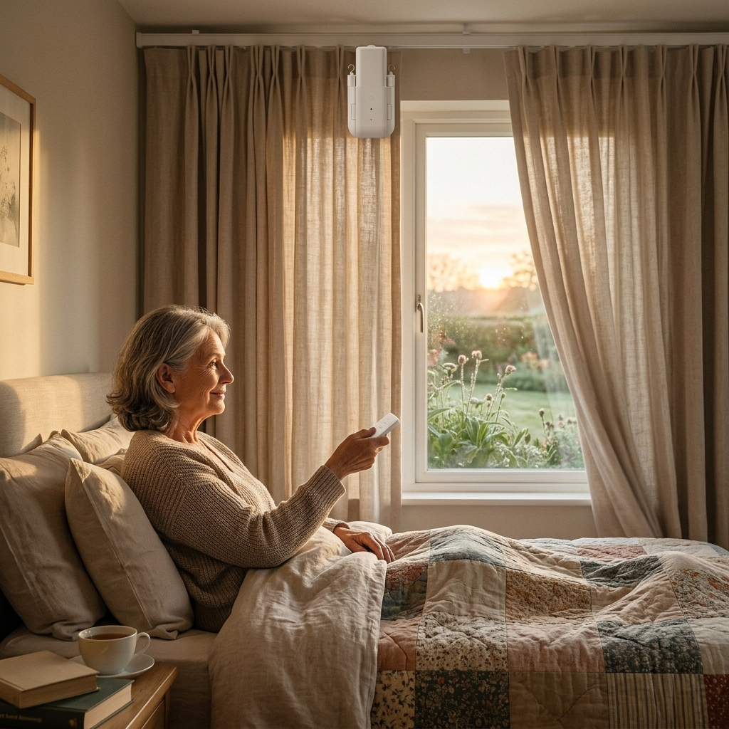 Older woman opening curtains by remote from bed