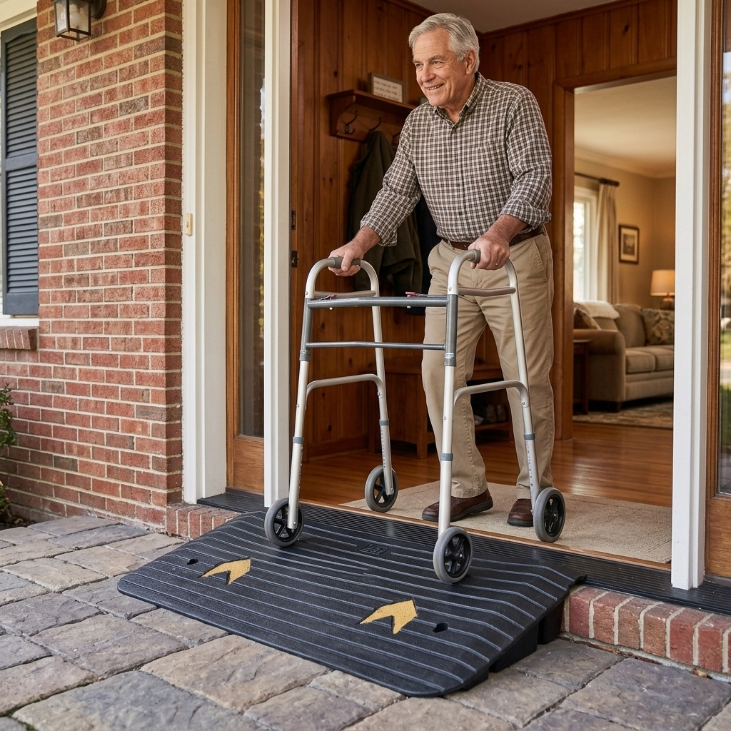 Older man crossing threshold ramp with walker