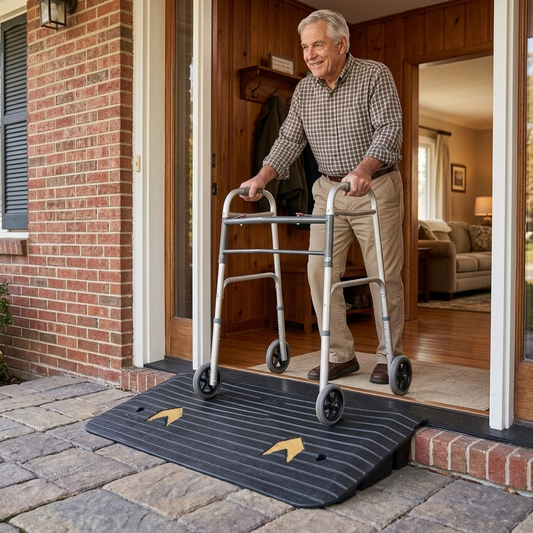 Older man crossing threshold ramp with walker