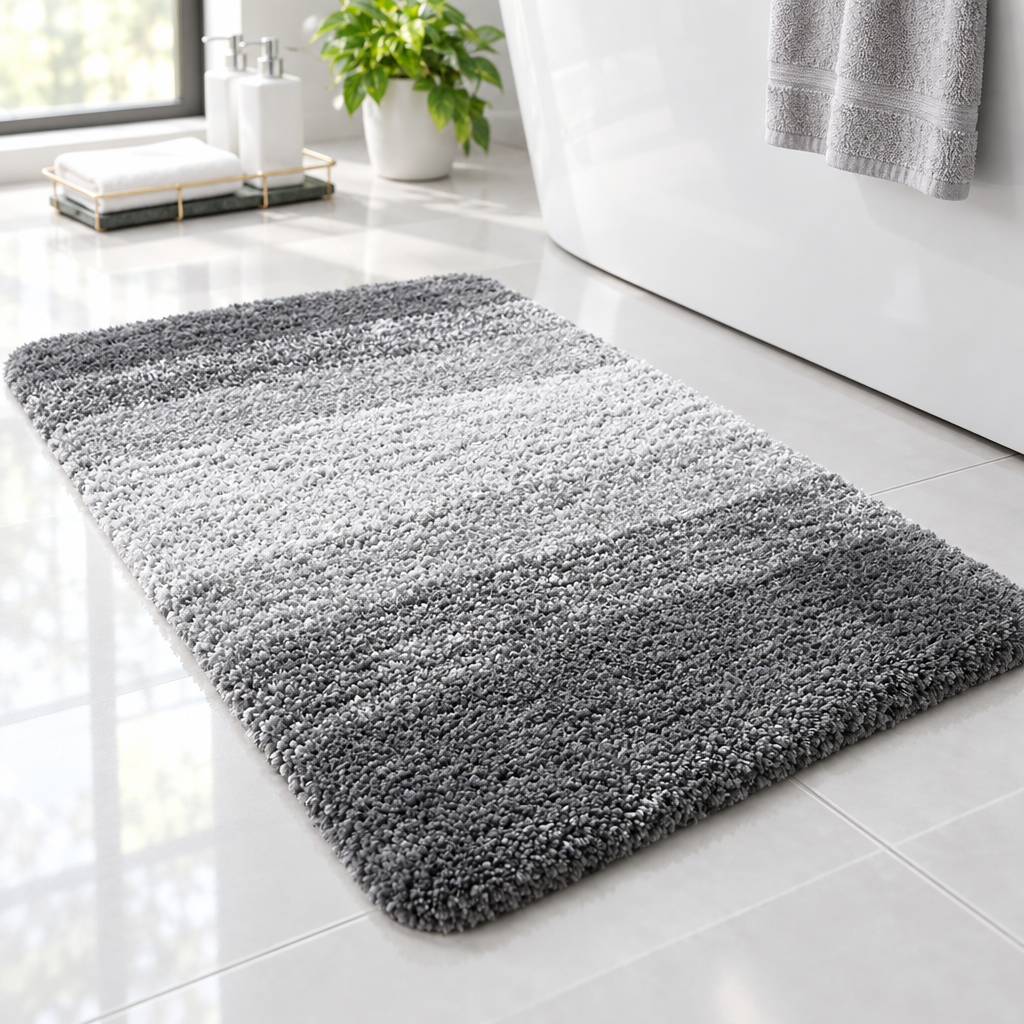 Extra-long non-slip bath mat laid on a bright accessible bathroom floor