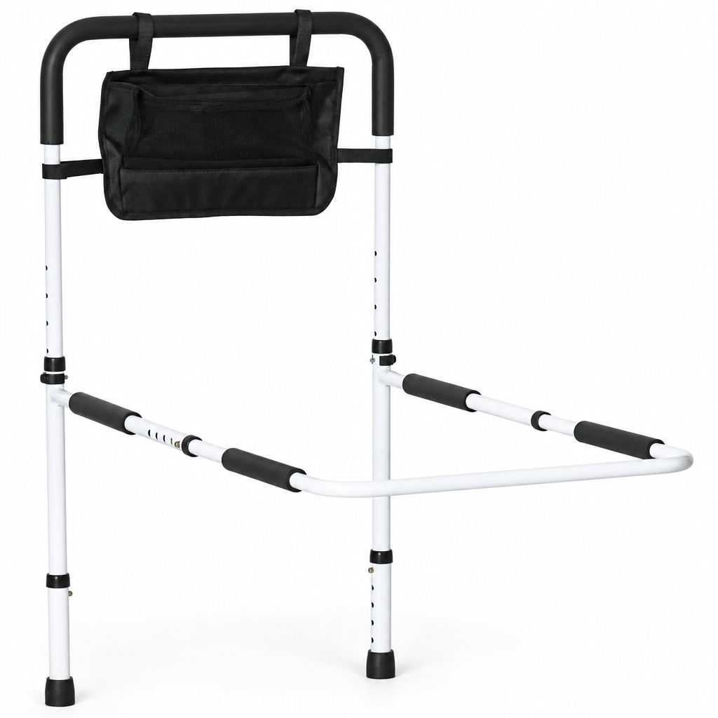 Height adjustable safety bed rail with storage pocket, studio product photo