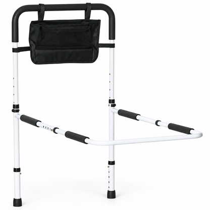 Height adjustable safety bed rail with storage pocket, studio product photo