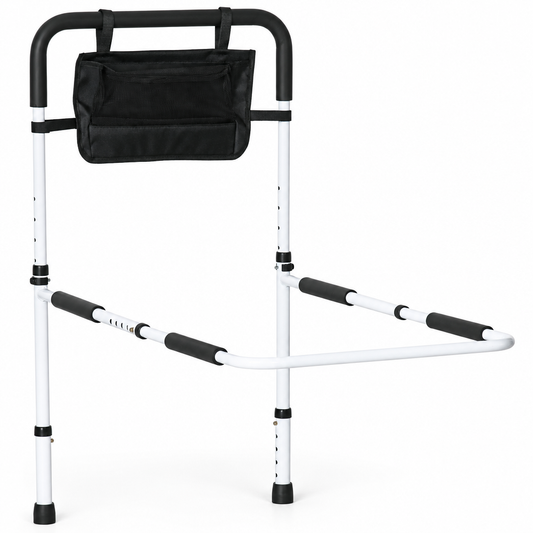 Height adjustable safety bed rail with storage pocket, studio product photo