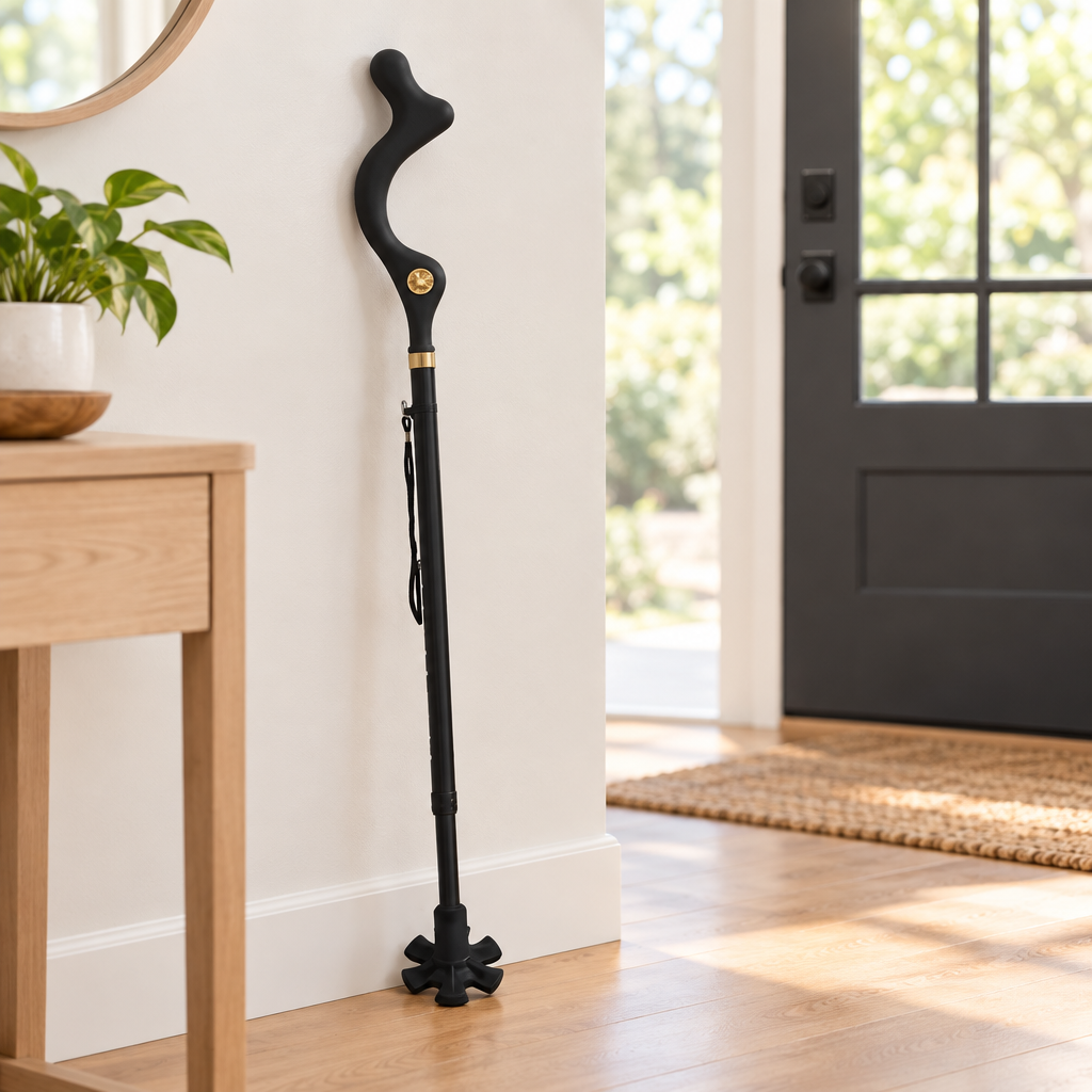 Posture cane standing upright in a bright uncluttered home entryway