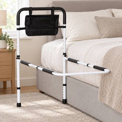Safety bed rail fitted to the side of a bed in a calm bedroom