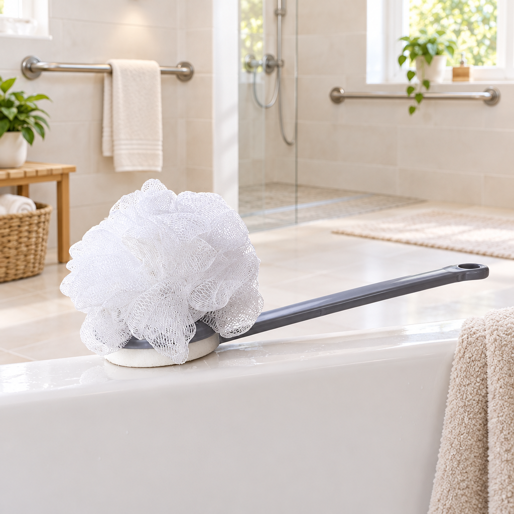 Long handle exfoliating bath scrubber shown in a senior-friendly accessible bathroom