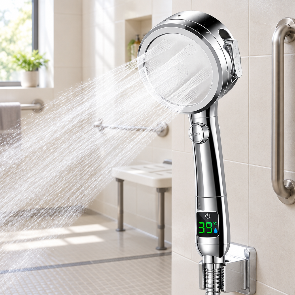 Yuba circular handheld shower shown in a senior-friendly accessible bathroom