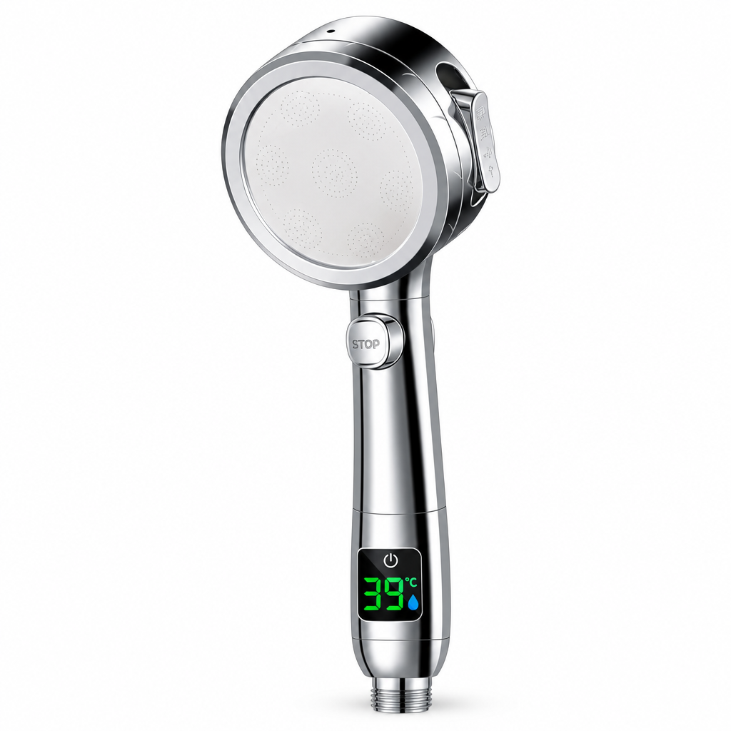 Yuba circular handheld shower head, studio product photo