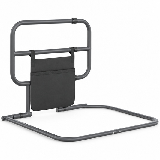 Folding bed rail for elderly adults with storage pocket, studio product photo