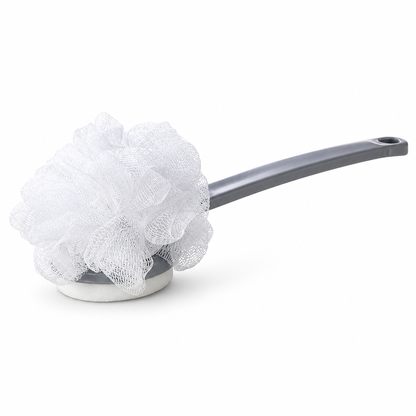 Long handle exfoliating bath sponge back scrubber, studio product photo