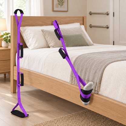 Leg lifter strap shown in a senior-friendly accessible bedroom