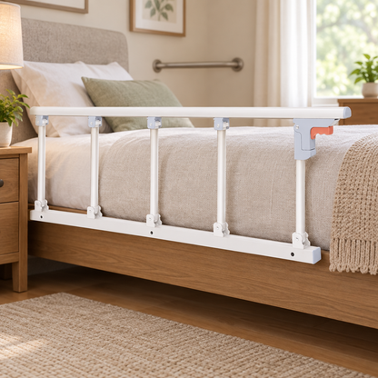 Stainless steel folding guard rail shown in a senior-friendly accessible bedroom