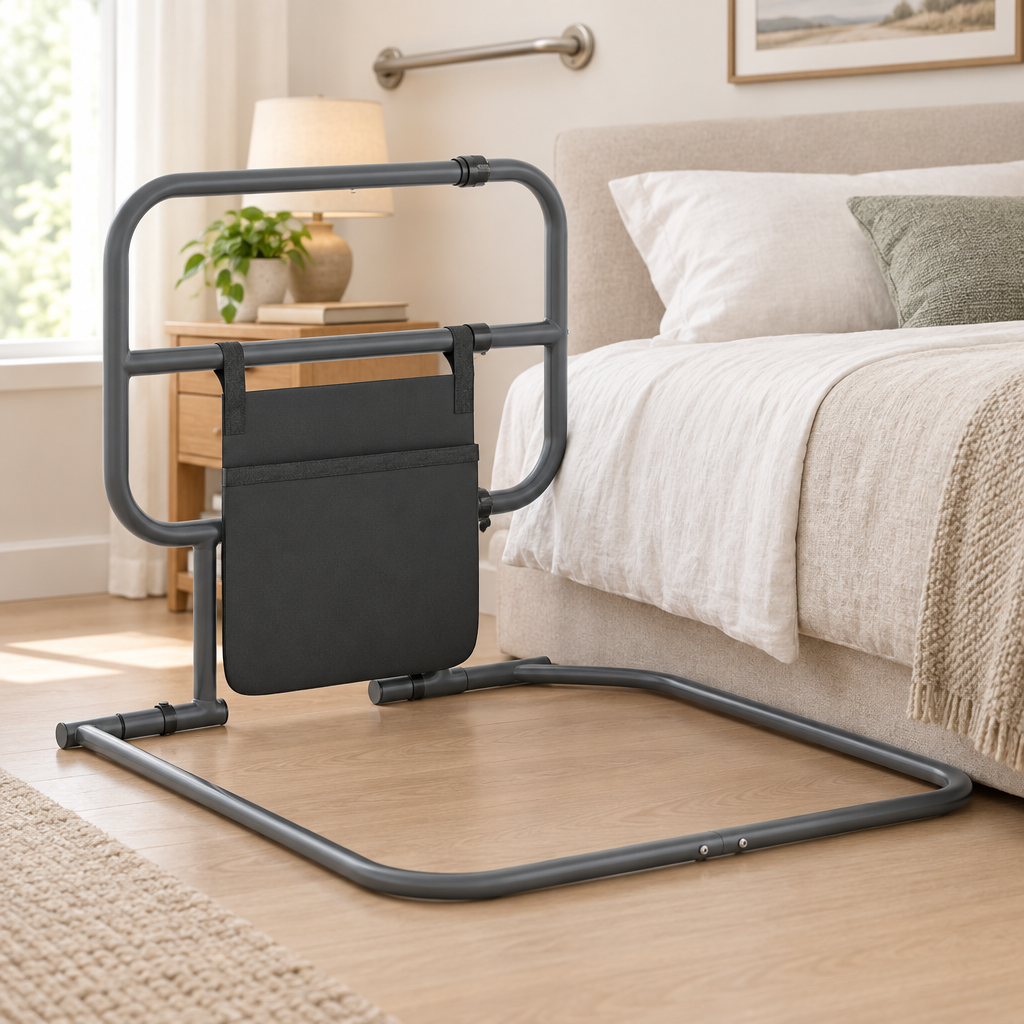Folding bed assist rail shown in a senior-friendly accessible bedroom