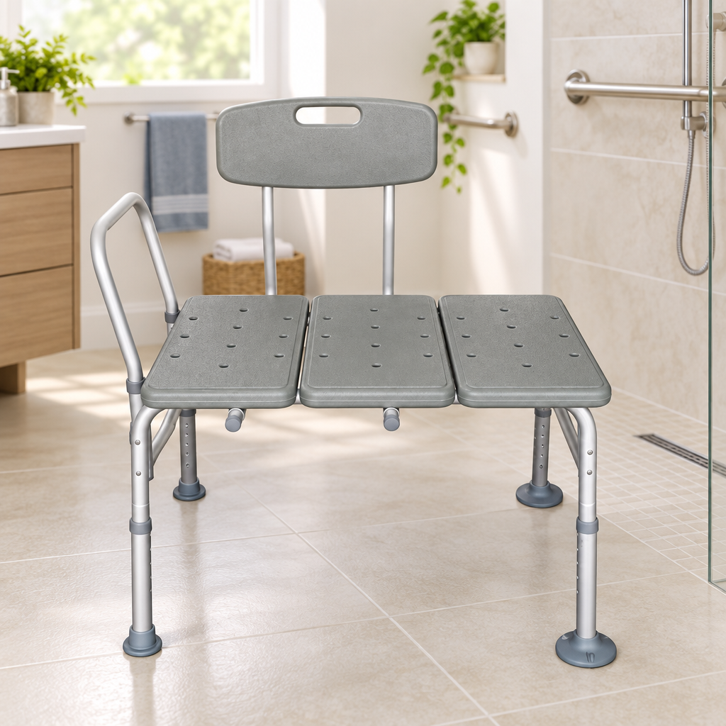 Grey three piece shower chair shown in a senior-friendly accessible bathroom