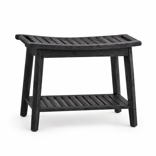 Waterproof wood shower bench with storage shelf, studio product photo
