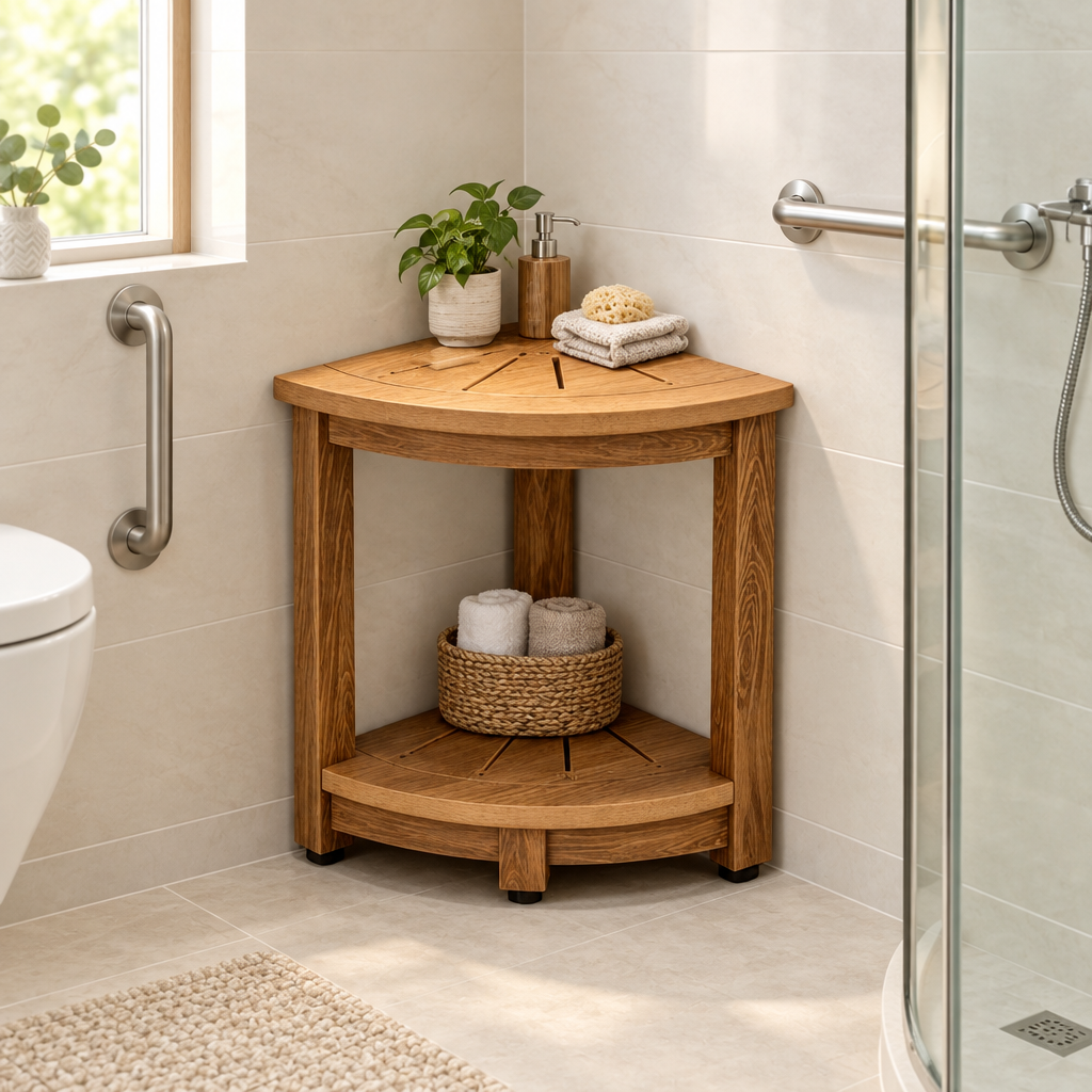 Corner shower bench shown in a senior-friendly accessible bathroom